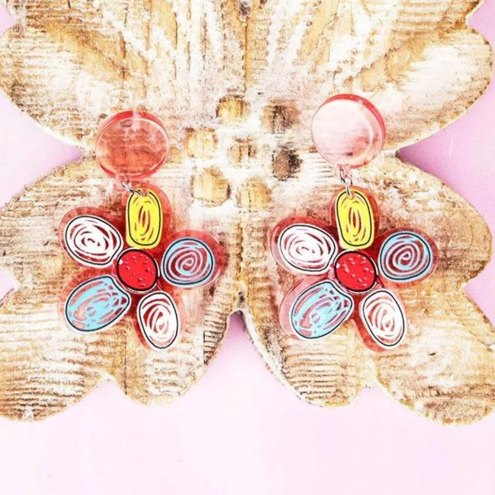 Acrylic Multi Color‎ Flower Earrings Post Back NWT